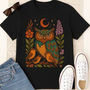 Boho Owl Graphic T-Shirt - Size L - 100% Cotton - Original Artist Design - NWT